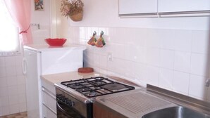 Una cocina compacta con estufa a gas, horno y pileta de acero inoxidable.