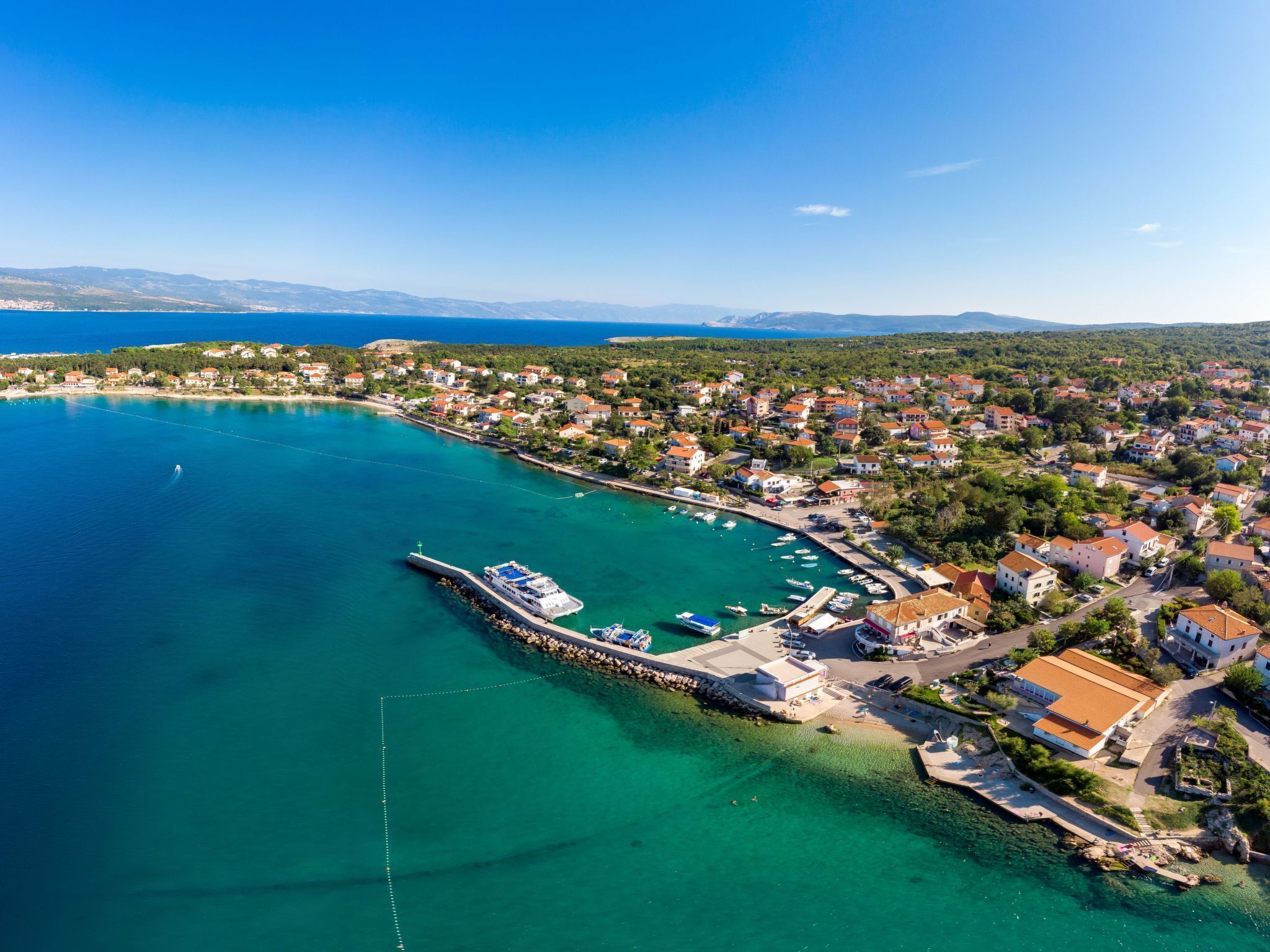 An aerial view of a coastal town with a marina, houses, and clear blue waters.