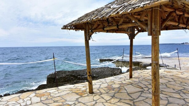 A thatched-roof structure with stone flooring, overlooking a rocky shoreline and the sea. - Apartment Noemi2 by Interhome (Poreč/Tar)