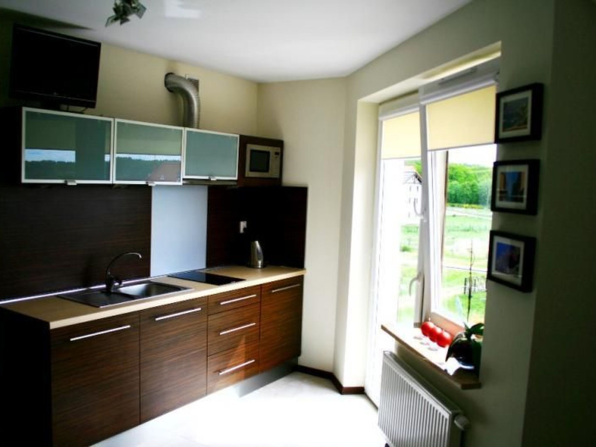 A modern kitchen with a built-in stove, a sink, and a window with a view of greenery.