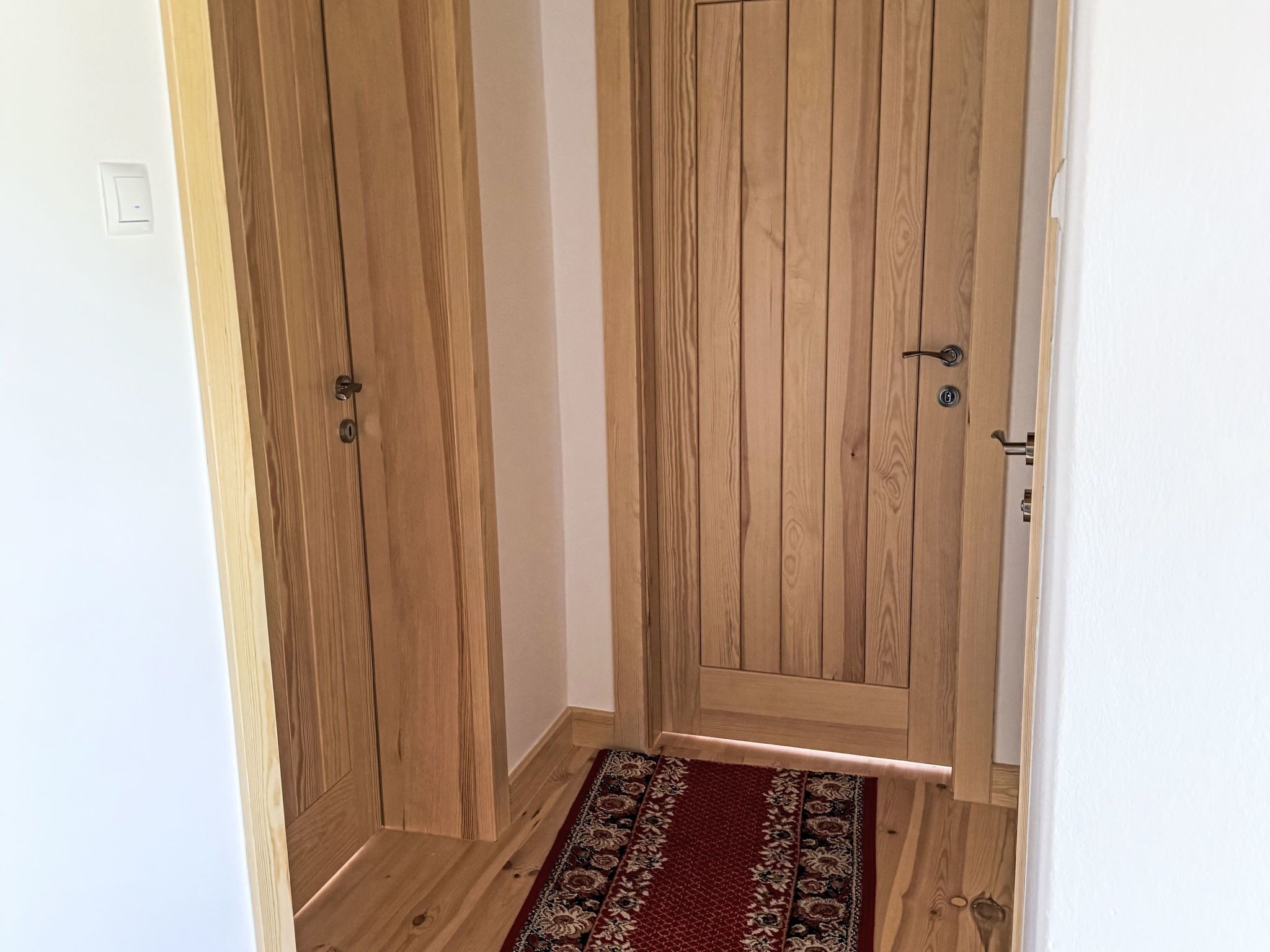 A hallway with wooden doors and a patterned rug.