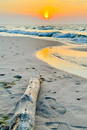 Ein Strand mit einem Baumstamm im Vordergrund, Wellen nähern sich dem Ufer und ein Sonnenuntergang im Hintergrund.