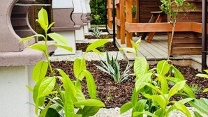 A garden area with a wooden pergola, a concrete structure, and various plants. - Bootshaus mit Schwimmbad by Interhome (Rewal)