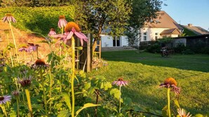 Un giardino con fiori diversi e una casa sullo sfondo.
