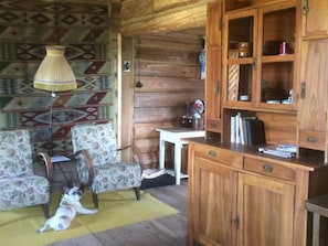 Ein gemütliches Blockhaus-Interieur mit Holzwänden, einem gemusterten Teppich, einem Holzkabinett und einem Hund, der auf einem gelben Teppich liegt.