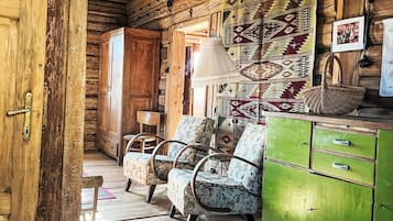 Un intérieur rustique avec des murs en bois, un meuble vert, des chaises à motifs floraux et un tapis tissé.