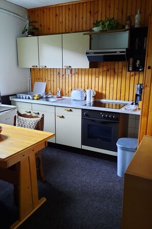 Fridge, microwave, oven, cookware/dishes/utensils