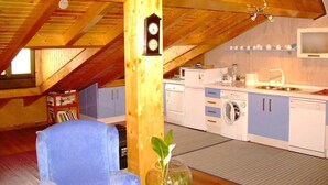 Fridge, microwave, dishwasher, cookware/dishes/utensils