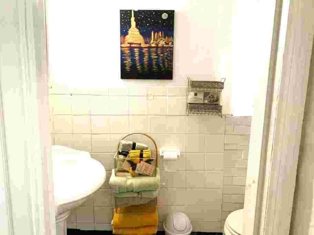 Shower, towels, soap, toilet paper