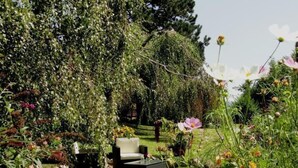 Ein Garten mit einer Terrassenfläche, inklusive Stuhl und Tisch.