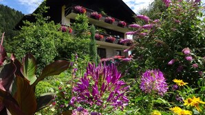 Hotel amb un jardí a la balconada, vegetació exuberant i un paisatge de muntanyes al fons.