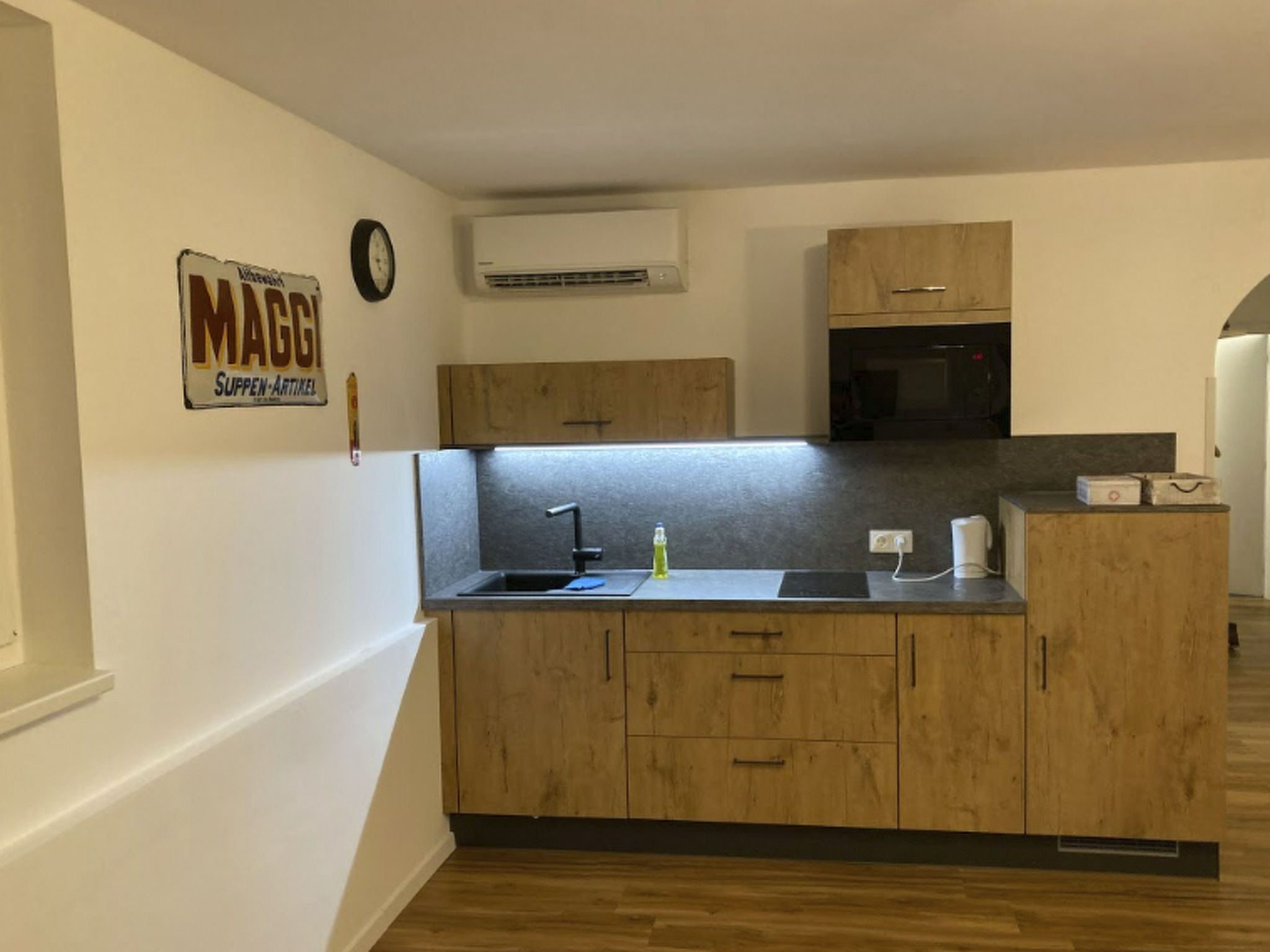 Fridge, microwave, cookware/dishes/utensils