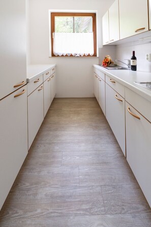 Fridge, microwave, oven, cookware/dishes/utensils
