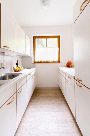 Fridge, microwave, oven, cookware/dishes/utensils