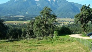 A rural landscape with a mountain range in the background, a clear sky, and a fenced area with trees. - Typ 3 im Haus Huber in Bleiburg by Interhome (Bleiburg)