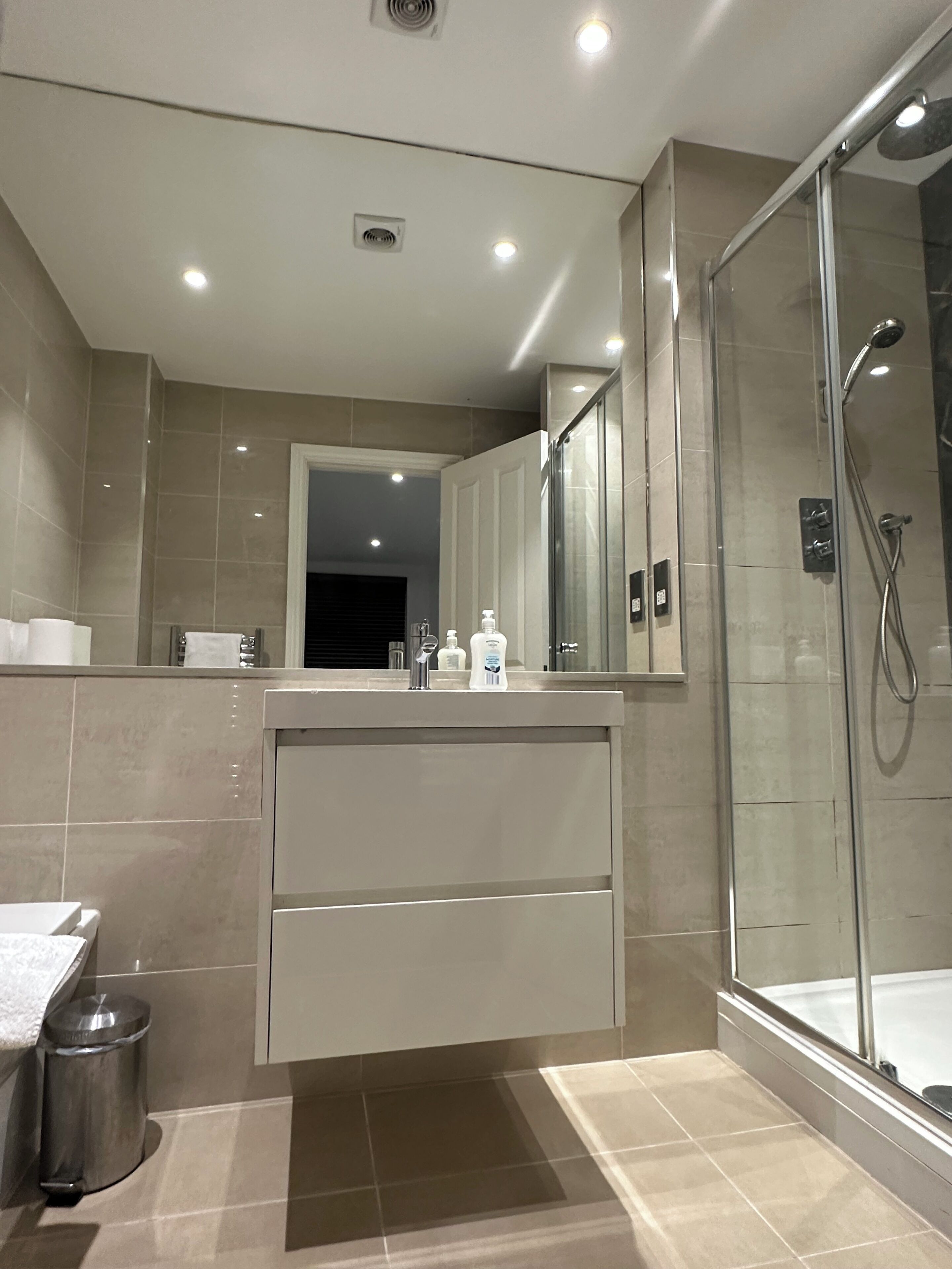 A modern bathroom with a glass shower enclosure, a vanity with a mirror, and a trash can.