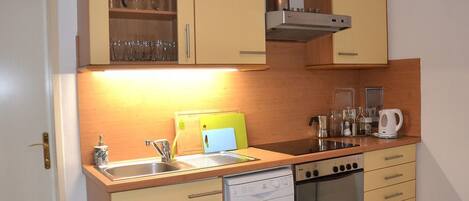 Fridge, oven, dishwasher, cookware/dishes/utensils