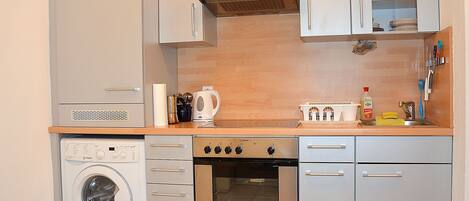 Fridge, oven, dishwasher, cookware/dishes/utensils