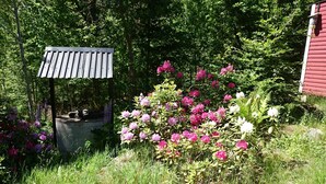 A garden with a wooden structure, possibly a gazebo, surrounded by lush greenery and flowering plants. - Gemütliches Ferienhaus in Seenähe by Interhome (Hallaryd)