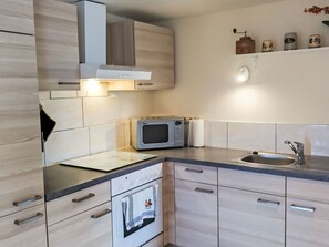 Une cuisine moderne équipée d’un four à micro-ondes, d’un four traditionnel et d’un évier.