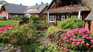 A traditional house with a thatched roof and a garden with pink flowers. - Landhaus "To Hus" - Fewo Störtebeker mit Kamin by Interhome (Baabe)