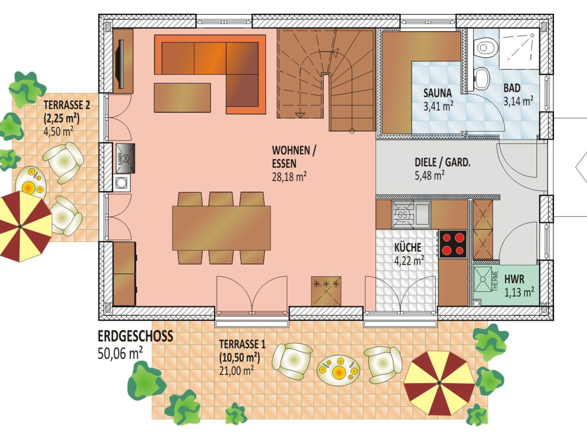Ein Grundriss eines Hotels mit Wohnzimmer, Küche, Essbereich und zwei Terrassen.