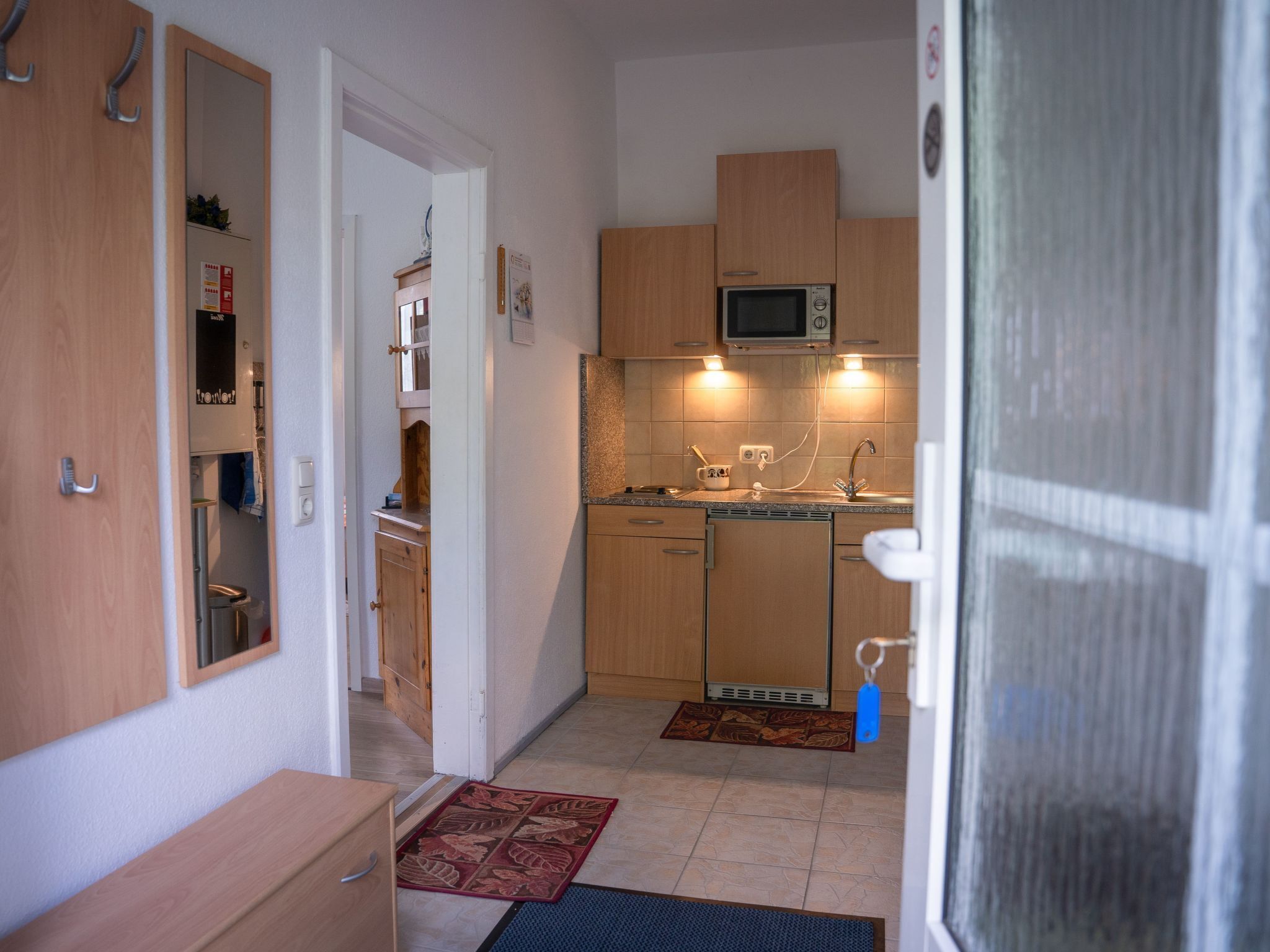 Fridge, microwave, cookware/dishes/utensils