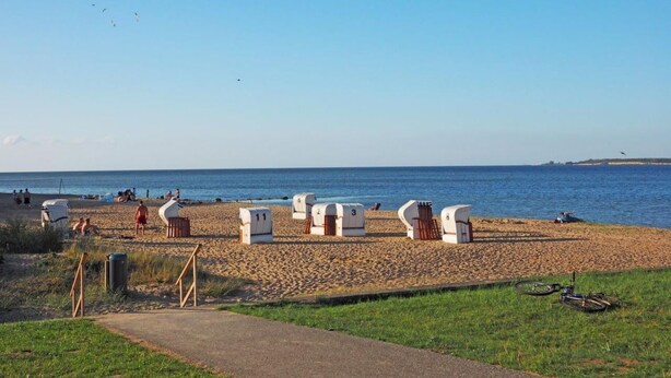 Ein Strand mit nummerierten Liegen und einem Weg zum Wasser.