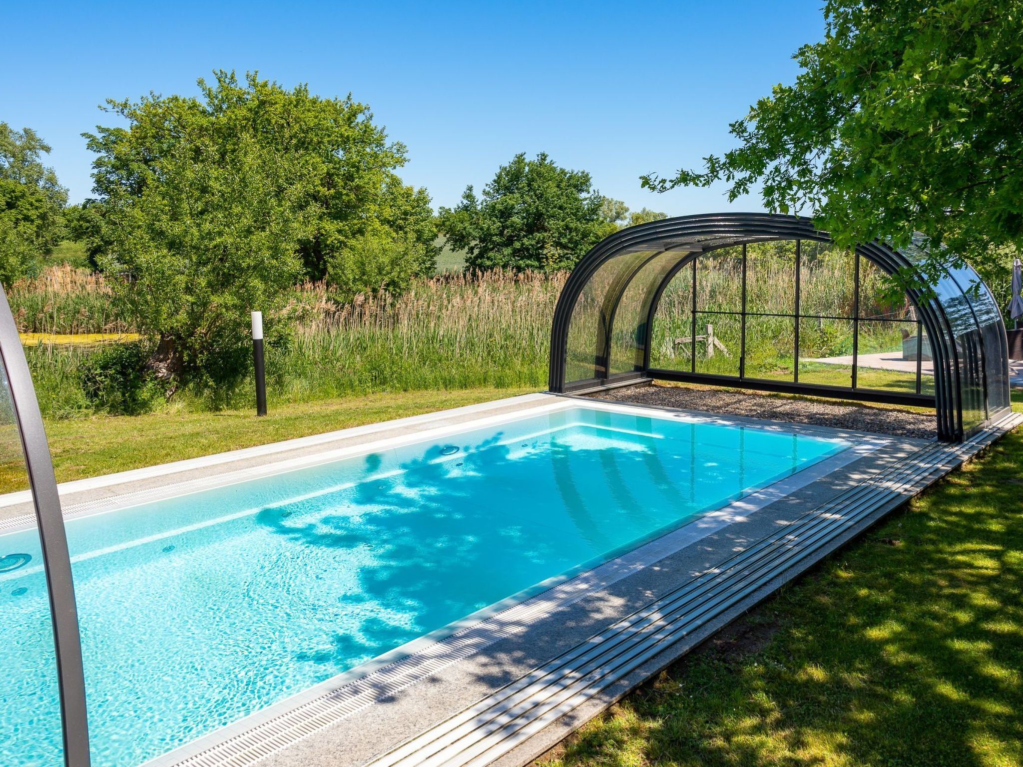 En swimmingpool med en glasvägg runt om, omgiven av frodig grönska och träd.