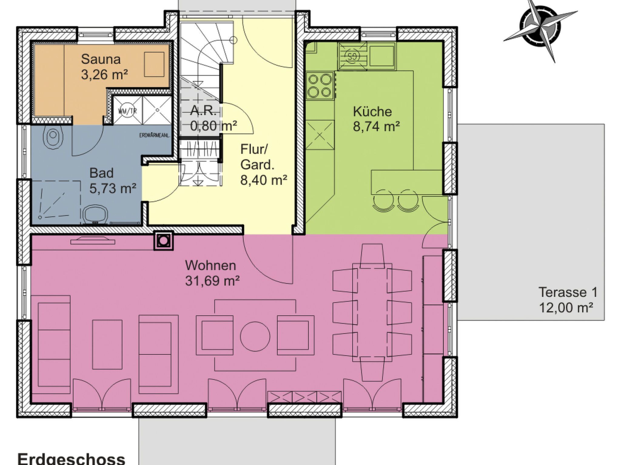 A floor plan with a living area of 31.69 m², a kitchen of 8.74 m², a bathroom of 5.73 m², a sauna of 3.26 m², a garden of 8.40 m², and a terrace of 12.00 m².