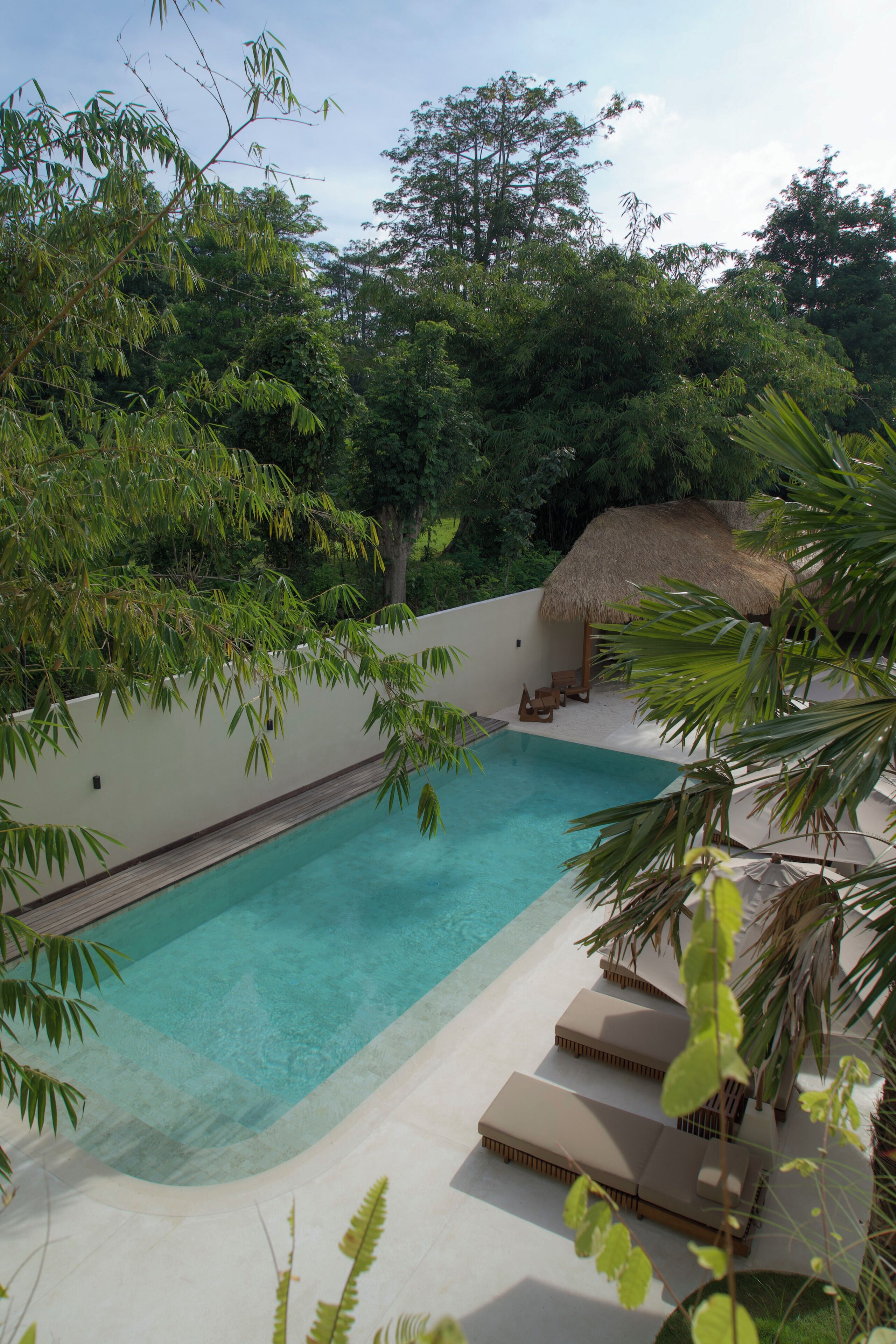 Una piscina rodeada de sillas de descanso y una estructura con techo de paja, con abundante follaje al fondo.
