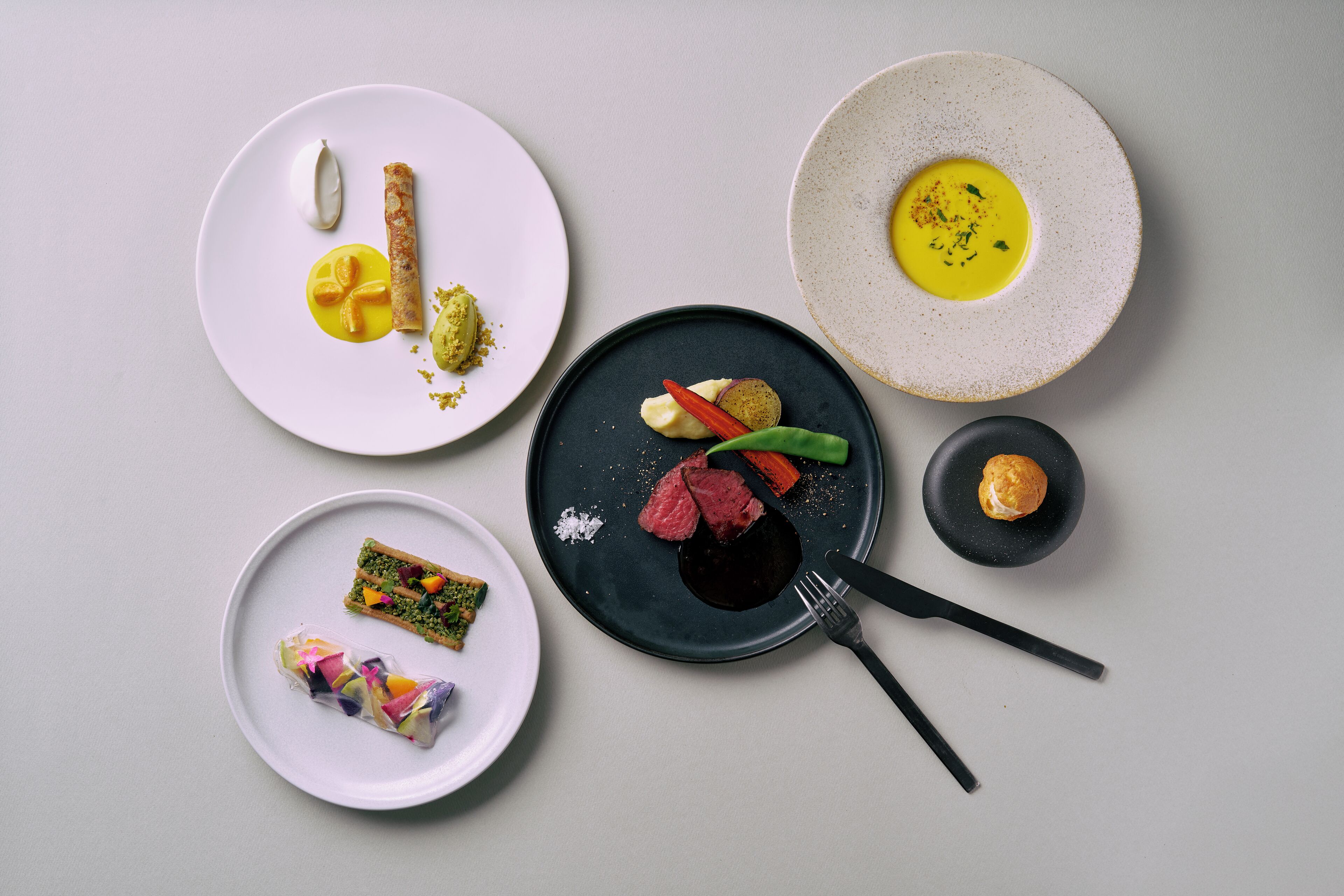 A variety of dishes on plates, including a dessert, a steak, and a bowl of soup.