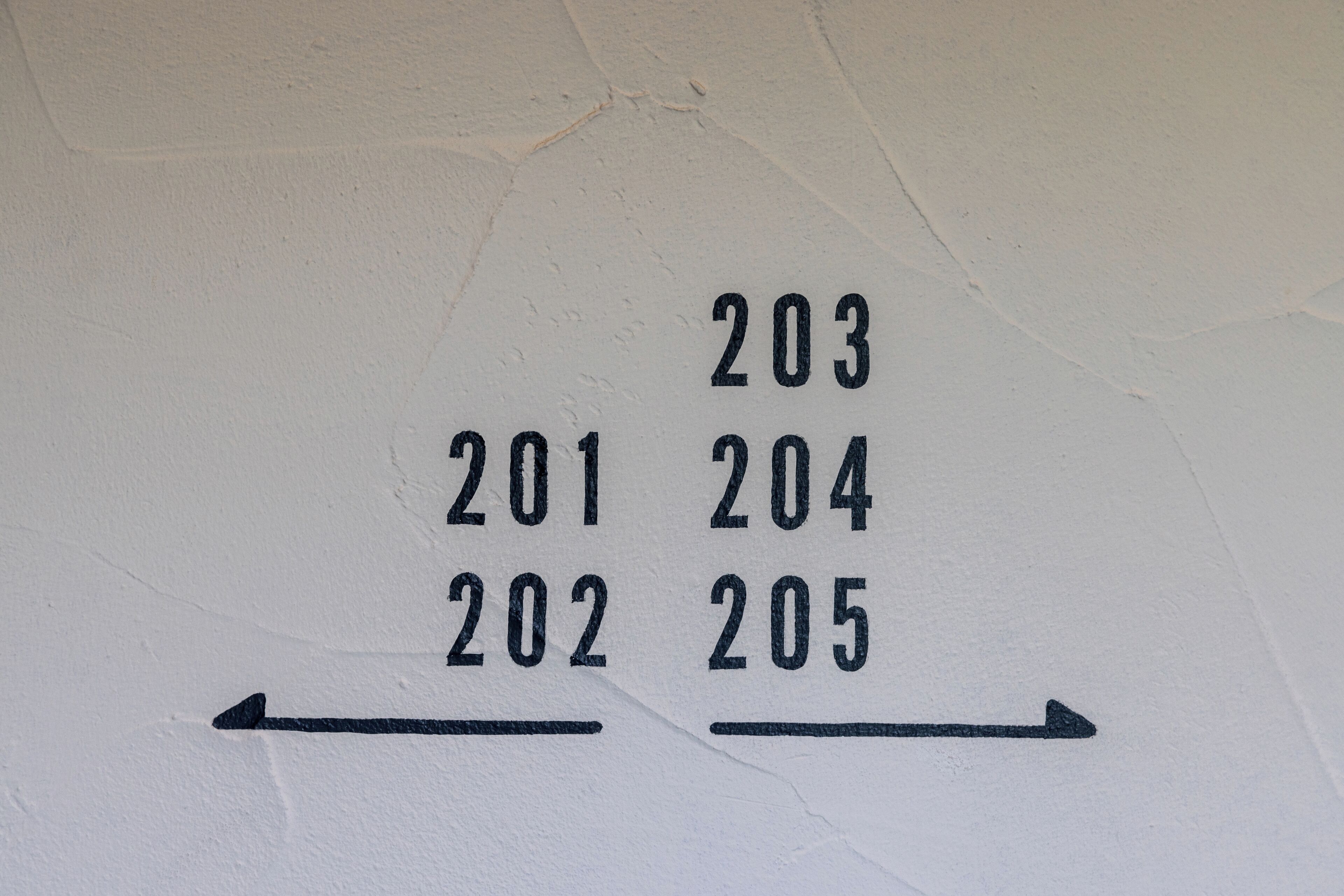 A wall with room numbers 201, 202, 203, 204, and 205, and directional arrows pointing left and right.