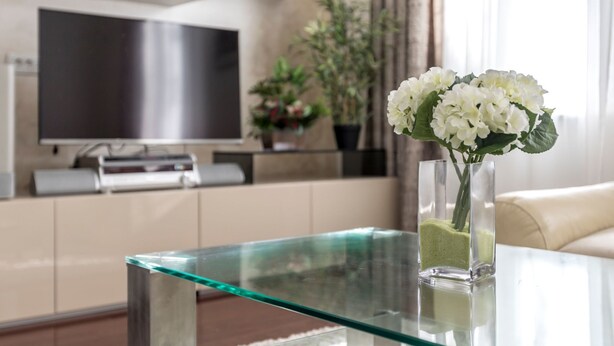 A modern living room with a glass coffee table, a flat-screen TV, a vase with white flowers, and a sofa. - Villa Meri Split by Interhome (Dragovode)