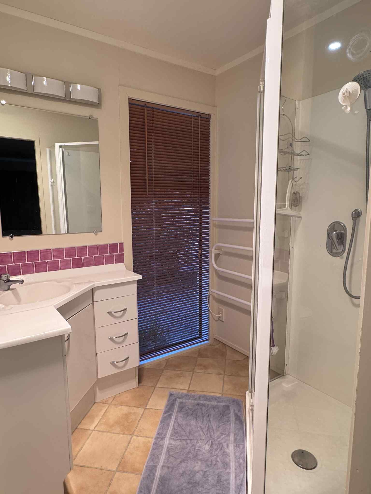 Shower, towels, soap, toilet paper