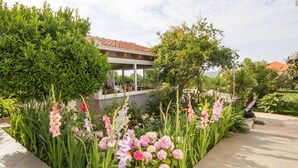 Ein Garten mit verschiedenen Blumen und einem Gebäude mit einem Ziegeldach.