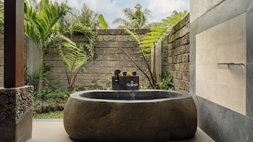 One Bedroom Villa with Rice Field View | Bathroom | Separate bathtub and shower, hair dryer, slippers, towels