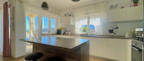 Fridge, microwave, oven, cookware/dishes/utensils