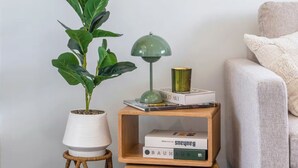 Une pièce chaleureuse avec une plante en pot, une lampe et des livres posés sur une petite table en bois.
