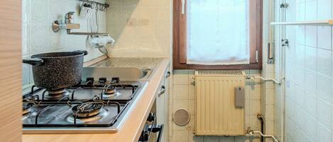 Fridge, microwave, oven, cookware/dishes/utensils