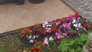 En byggnad med en mörkbrun dörr, vita väggar och en stensatt gång som leder till en blomsterrabatt med olika sorters blommor.