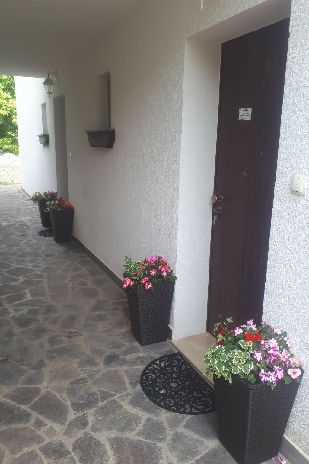 A covered porch with a dark wooden door, white walls, and potted plants with pink flowers.