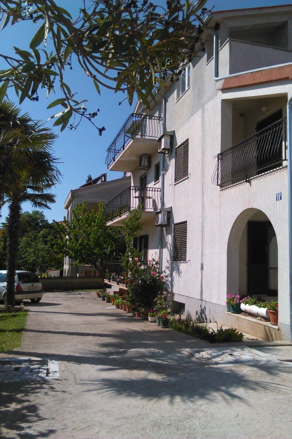 A row of residential buildings with balconies, a paved driveway, and potted plants.