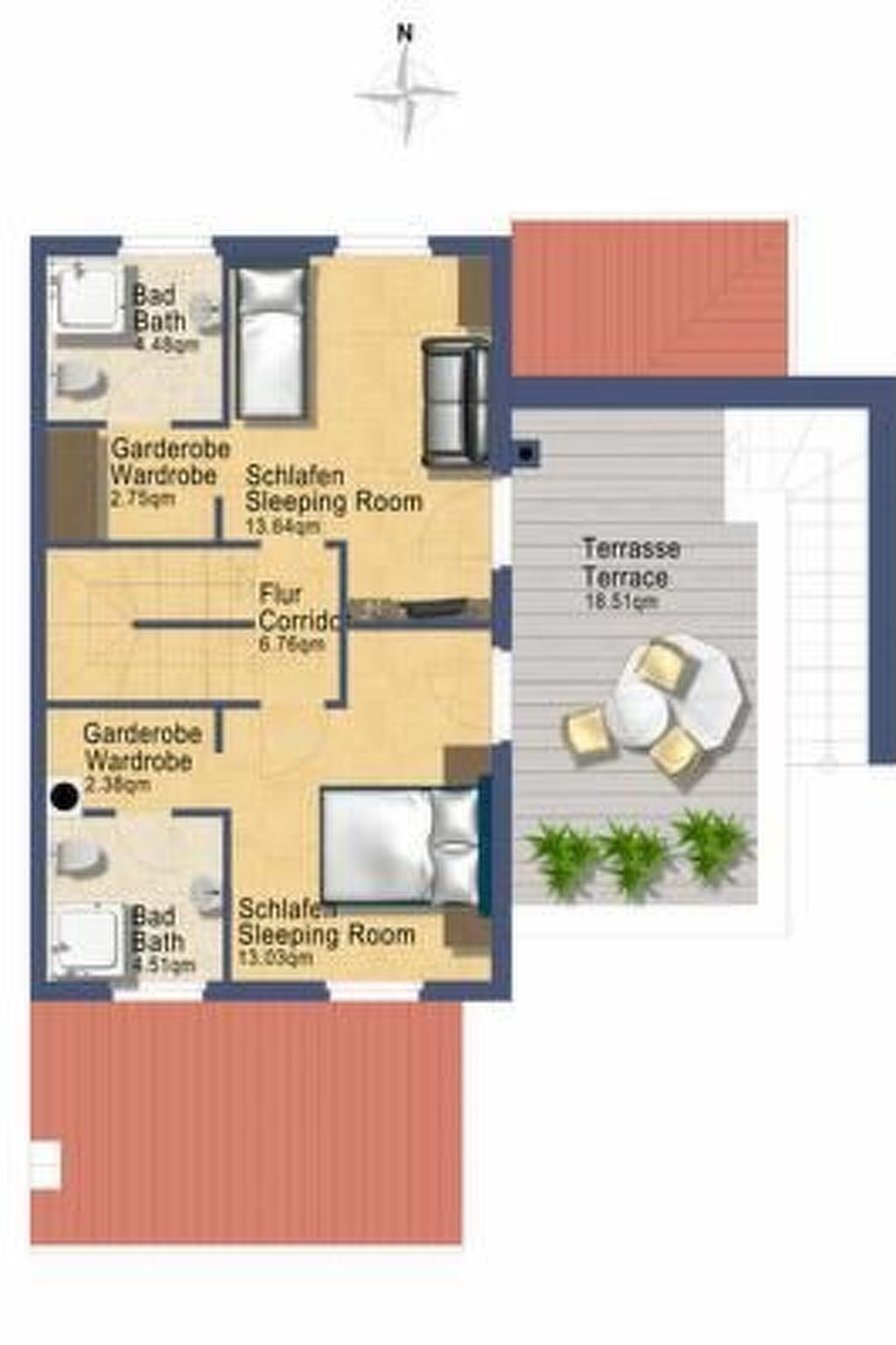 En planritning över ett hotellrum med ett rum som vetter ut mot trädgården, ett sovrum, ett badrum, en korridor och en terrass.