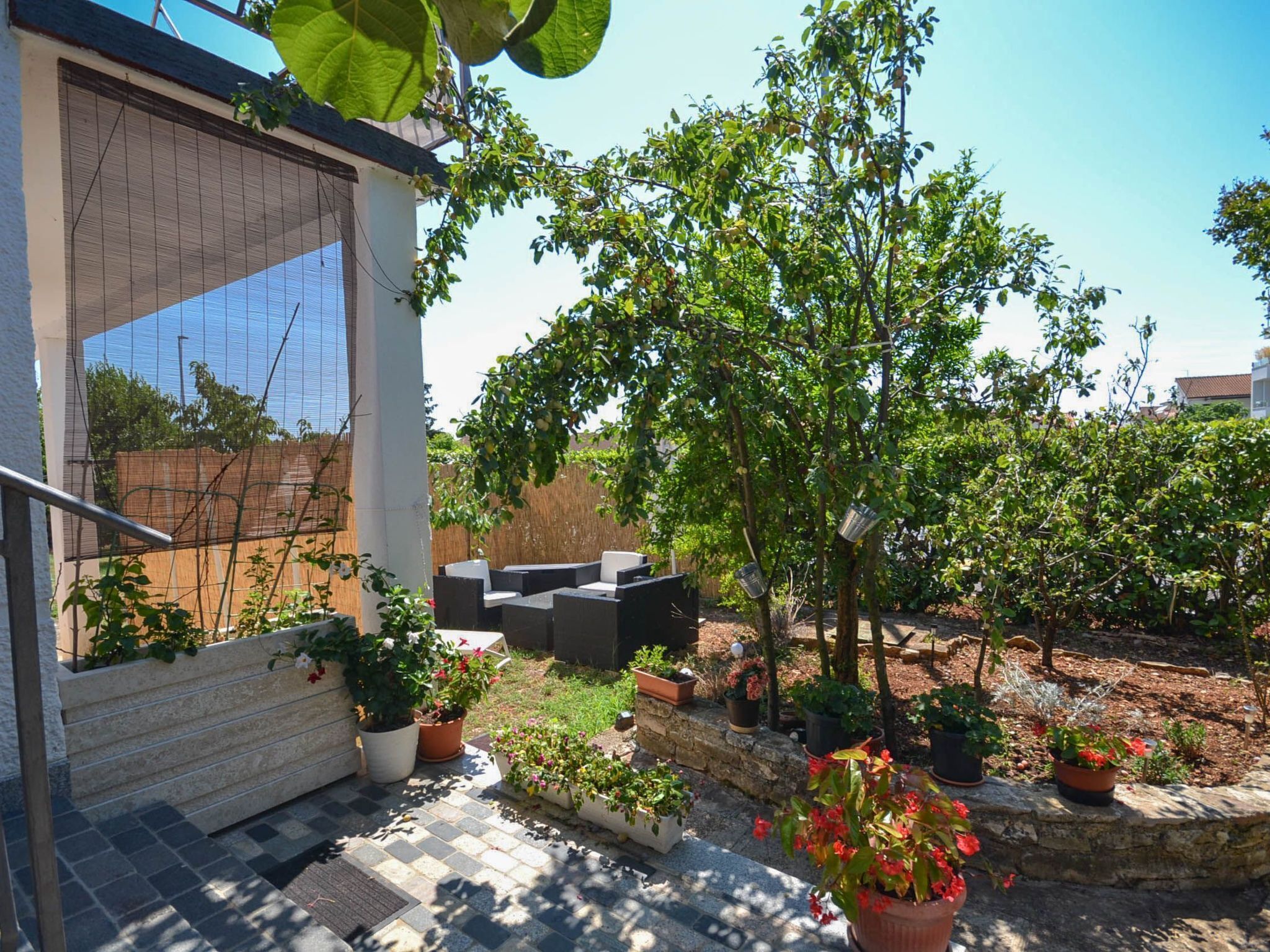 A modern outdoor patio with a seating area, potted plants, and a view of the surrounding garden.