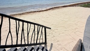 En vy över stranden med en klar himmel, en sandstrand och ett träräcke.