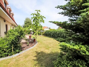 Un jardin bien entretenu, avec une grande variété de plantes et un chemin bien dégagé.