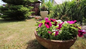 Un jardin agrémenté d’un grand bac en bois rempli de fleurs aux couleurs vives.