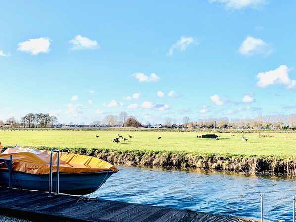 Ein Boot liegt an einem Steg, im Hintergrund ein grasbewachsenes Feld und Bäume.