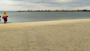 Une plage de sable où une personne, vêtue d’un gilet rouge et jaune, se promène le long du rivage.